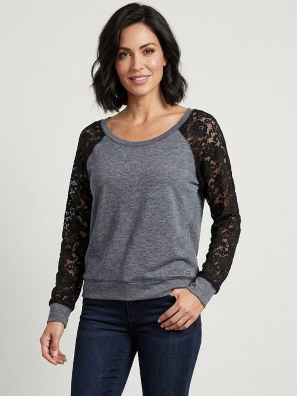 Guess grey top with black lace accents